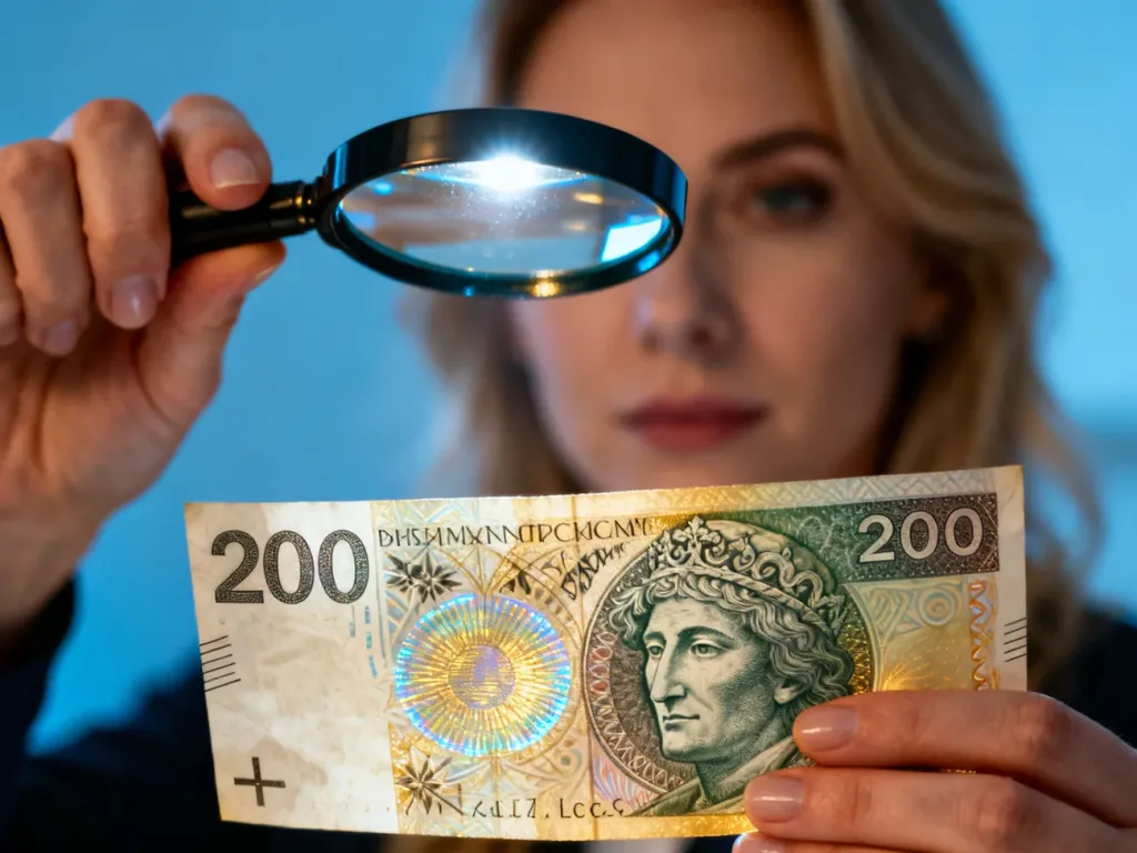 Dłonie sprawdzające autentyczność banknotu 200 zł za pomocą lupy, z widocznymi detalami zabezpieczeń i hologramów.