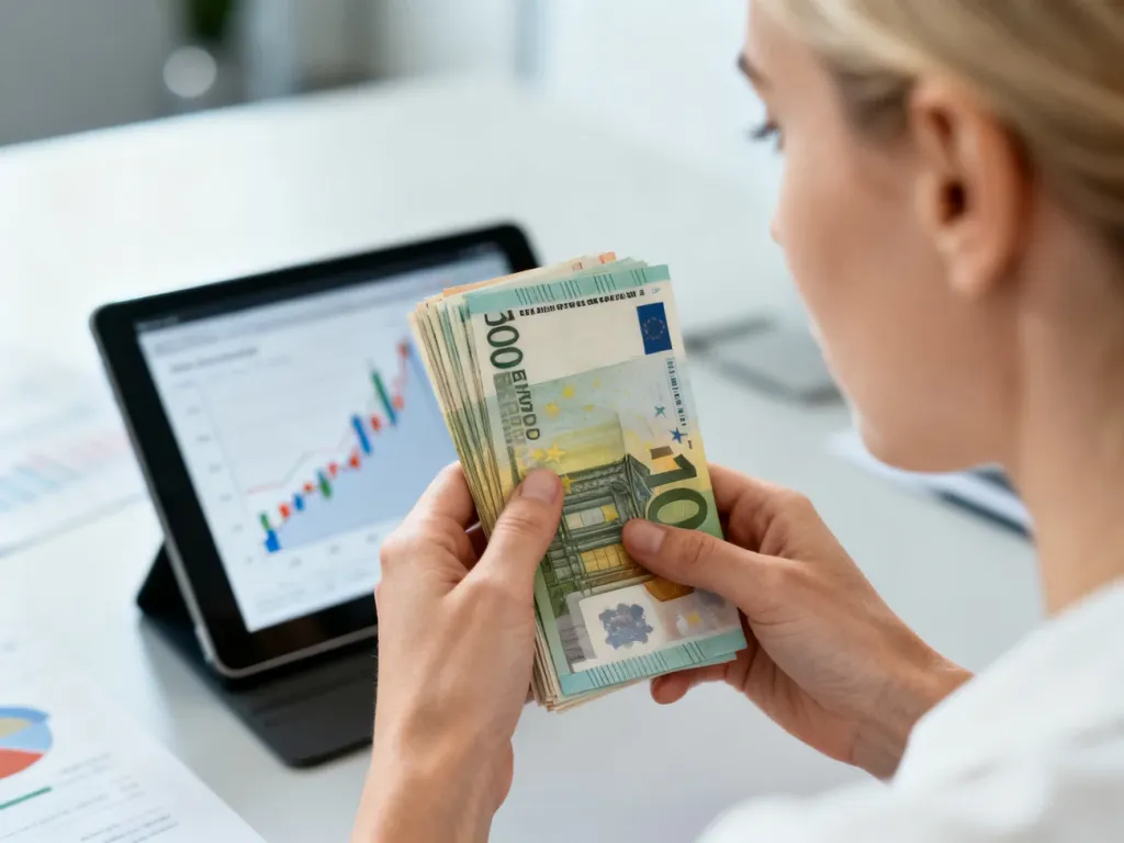 Kobieta trzymająca w dłoniach plik banknotów euro na tle wykresu finansowego, symbolizująca wymianę walut.