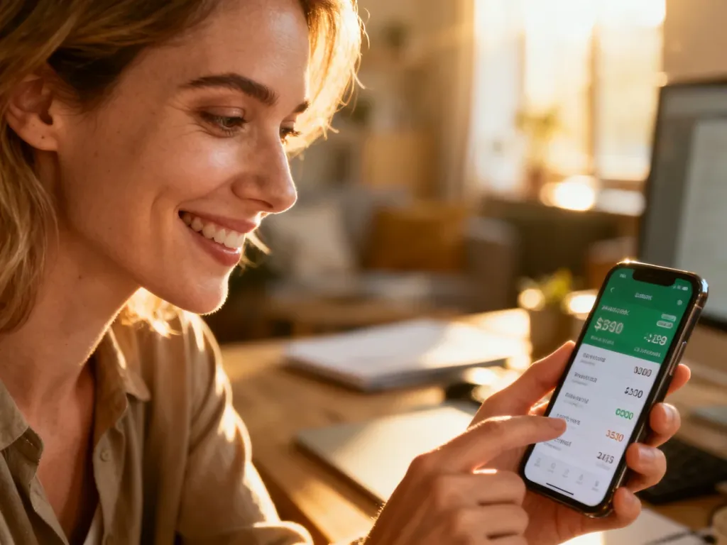 Uśmiechnięta kobieta sprawdza stan konta na smartfonie w przytulnym domowym biurze, ciesząc się z otrzymanego przelewu.
