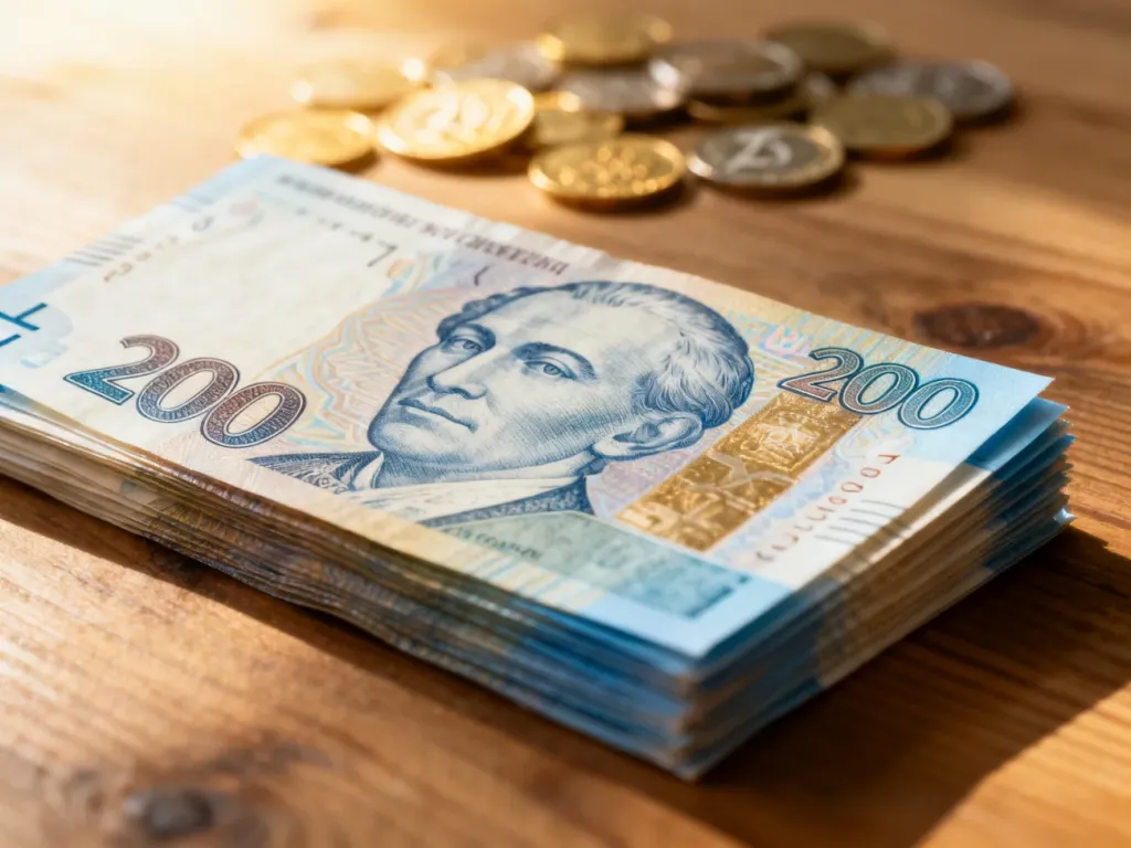 Stos banknotów 200 hrywien na drewnianym stole z rozmytymi monetami złotego w tle, symbolizujący wymianę walut.