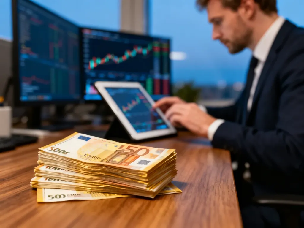 Stos banknotów euro na biurku oraz mężczyzna analizujący wykresy finansowe na tablecie w tle.