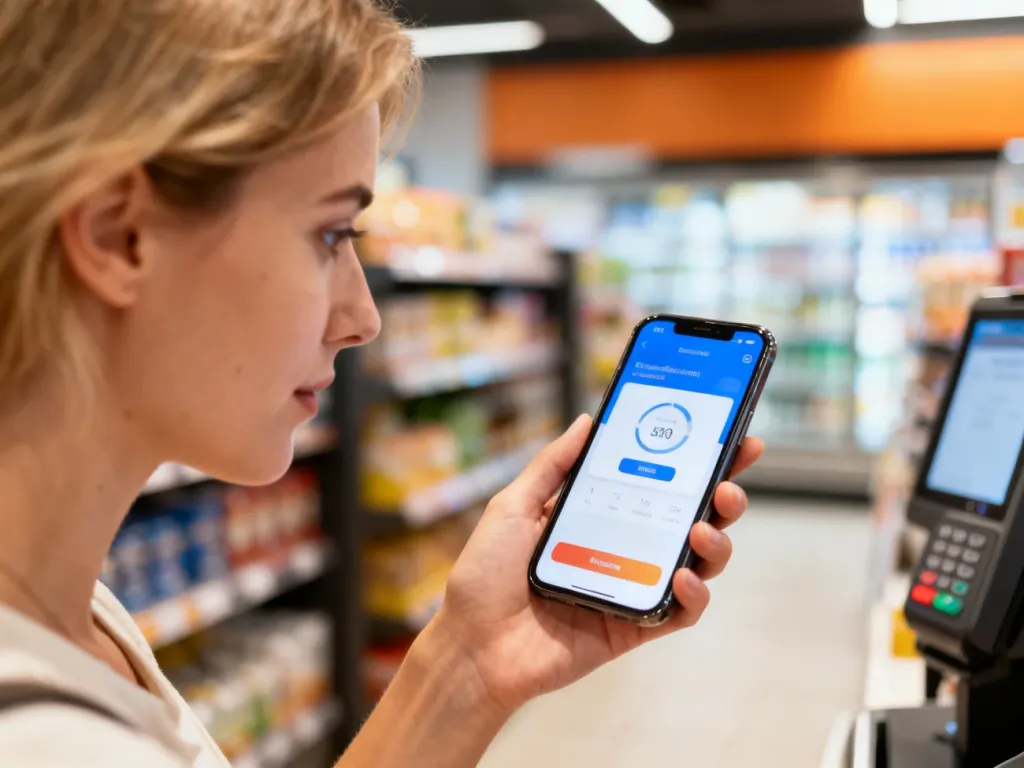 Kobieta korzystająca z aplikacji płatniczej na smartfonie wewnątrz sklepu typu convenience.