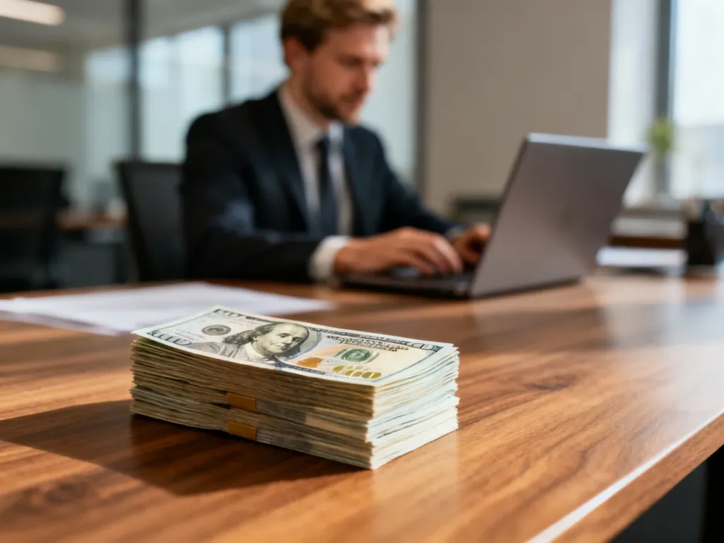 Stos banknotów studolarowych na biurku w profesjonalnym biurze, symbolizujący finanse i wymianę walut.