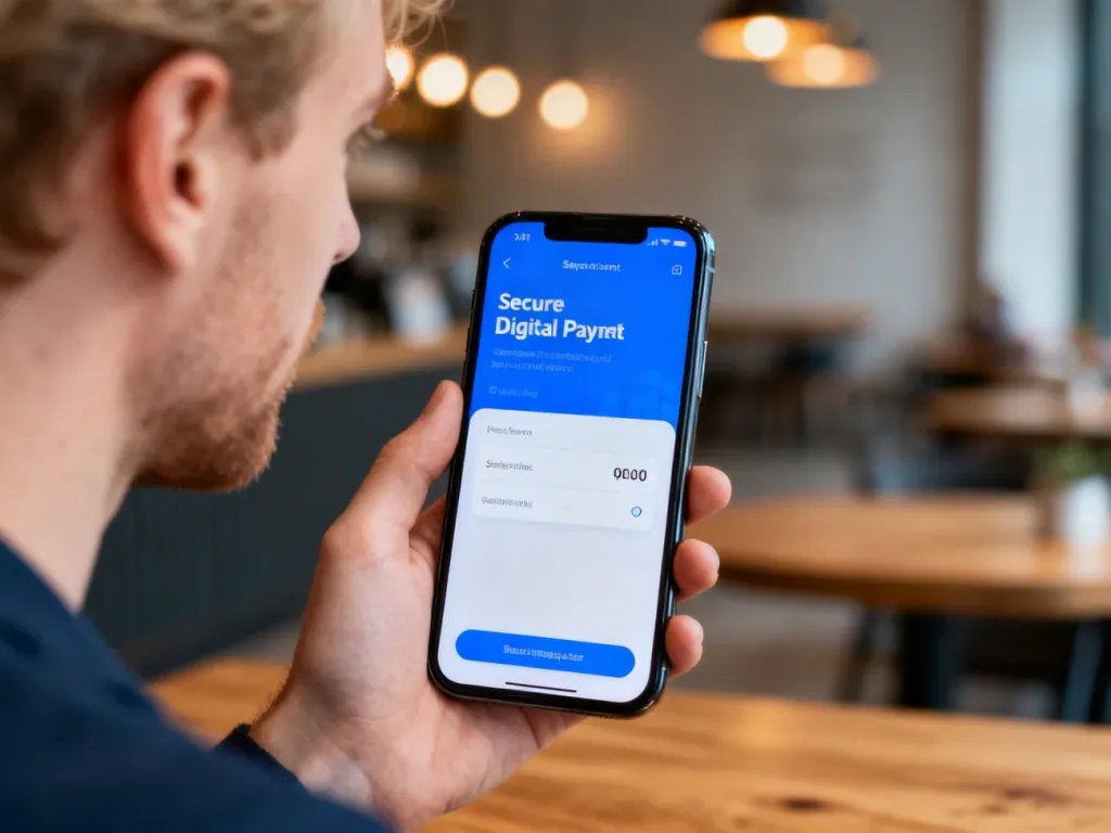 Mężczyzna trzymający smartfon z otwartą aplikacją płatniczą w nowoczesnej kawiarni, ilustrujący proces bezpiecznej płatności.