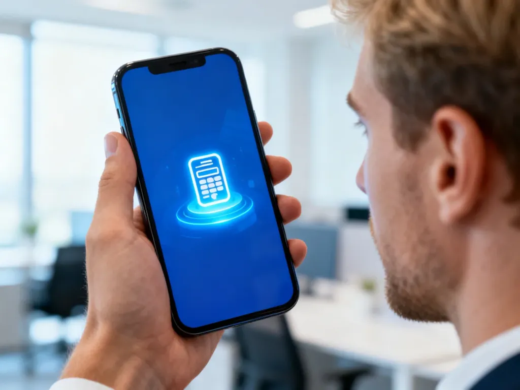 Dłoń trzymająca smartfon z otwartą aplikacją bankową, gotową do płatności mobilnych w jasnym biurowym wnętrzu.