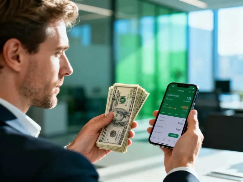 Mężczyzna trzymający plik dolarów oraz smartfon z aplikacją do przeliczania walut w nowoczesnym biurze.