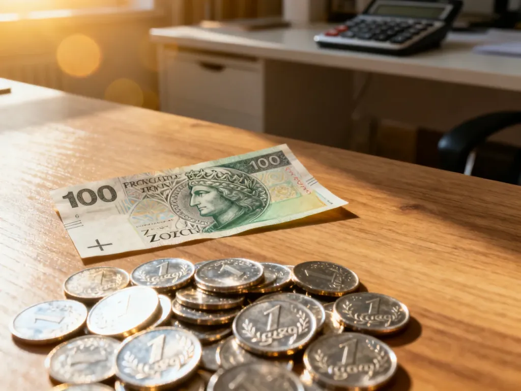 Banknot 100 zł leżący na drewnianym stole obok rozsypanych monet o nominale 1 grosz.