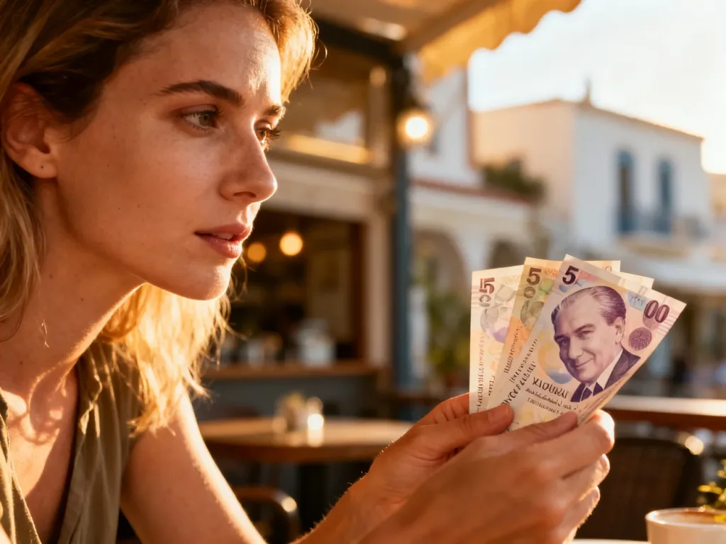 Kobieta trzymająca w dłoniach banknoty liry tureckiej w przytulnej kawiarni, zastanawiająca się nad wartością pieniędzy.