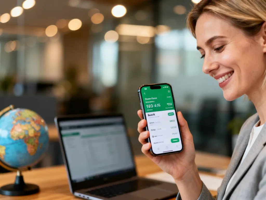 Kobieta z uśmiechem sprawdza aplikację bankową na smartfonie, co symbolizuje szybki i wygodny przelew międzynarodowy.