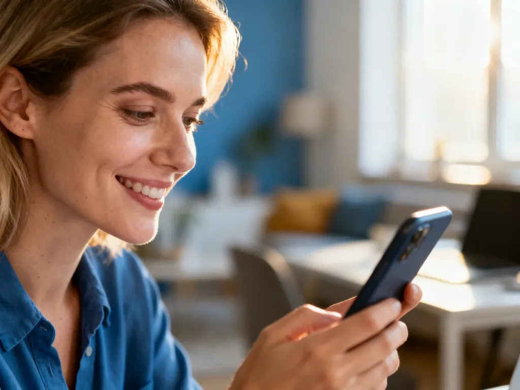 Zadowolona kobieta sprawdza telefon w domowym biurze, co symbolizuje szybkie i sprawne zarządzanie przelewami bankowymi.