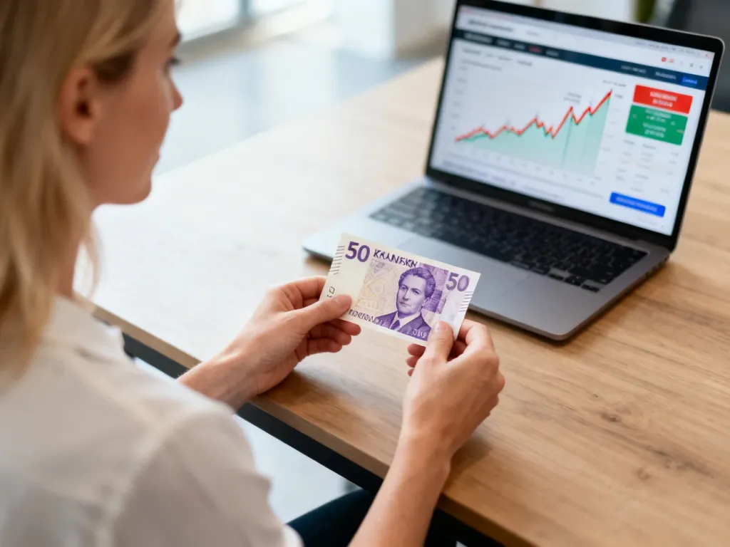 Kobieta trzymająca banknot 50 koron duńskich przy biurku z laptopem wyświetlającym wykresy walutowe.